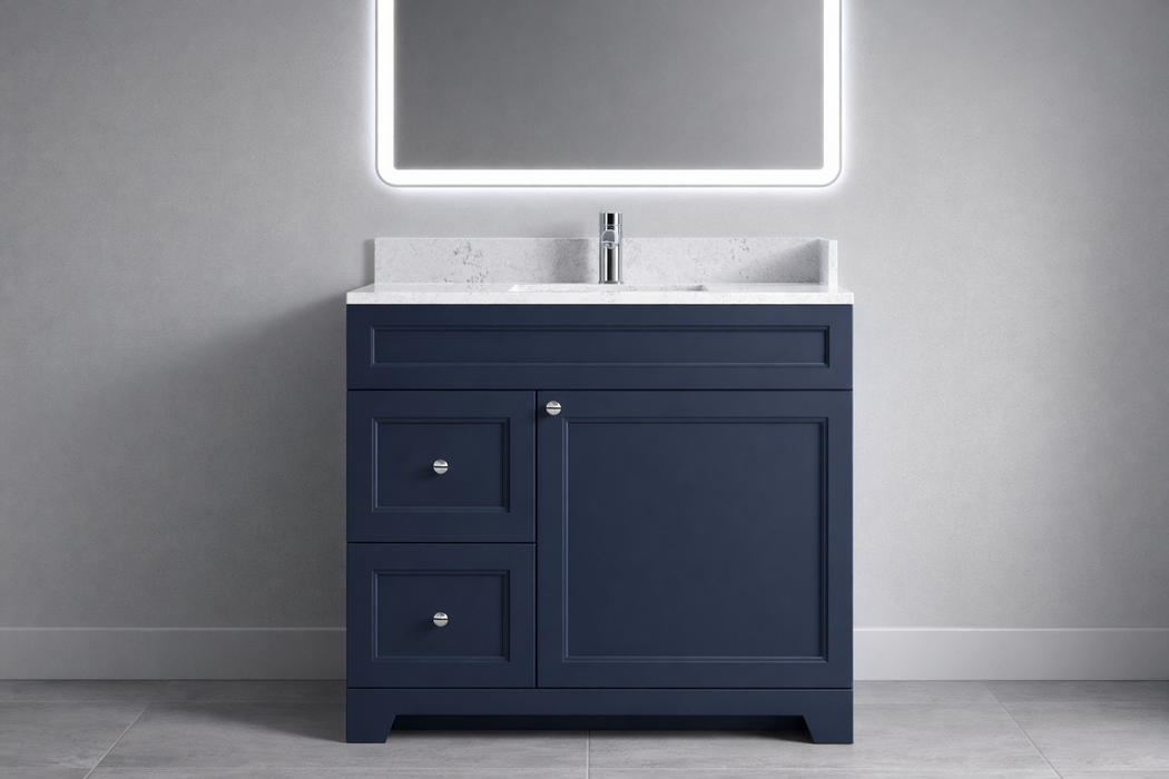 CLASSIC- 30" Solid wood Bathroom Vanity (6 COLORS AVAILABLE) With Quartz Countertop / Left Side Drawers - Construction Commodities Supply Inc.