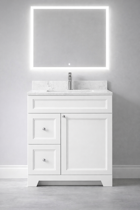 CLASSIC- 30" Solid wood Bathroom Vanity (6 COLORS AVAILABLE) With Quartz Countertop / Left Side Drawers - Construction Commodities Supply Inc.