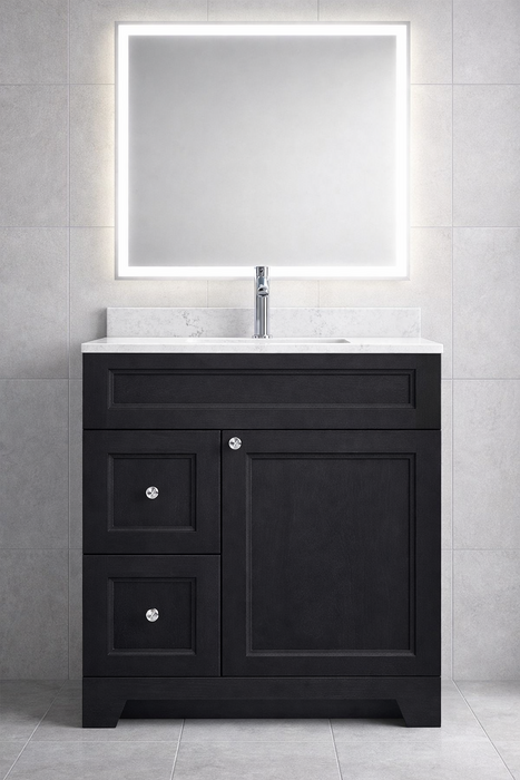 CLASSIC- 30" Solid wood Bathroom Vanity (6 COLORS AVAILABLE) With Quartz Countertop / Left Side Drawers - Construction Commodities Supply Inc.