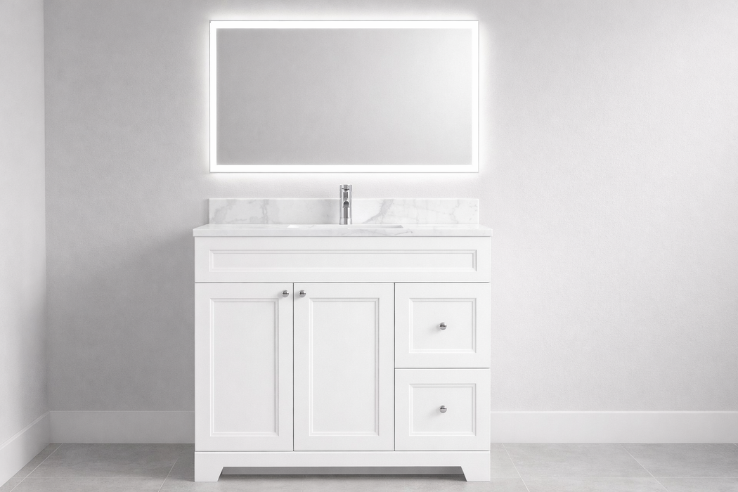 CLASSIC- 36" Solid wood Bathroom Vanity (6 COLORS AVAILABLE) With Quartz Countertop /  Right Side Drawers - Construction Commodities Supply Inc.