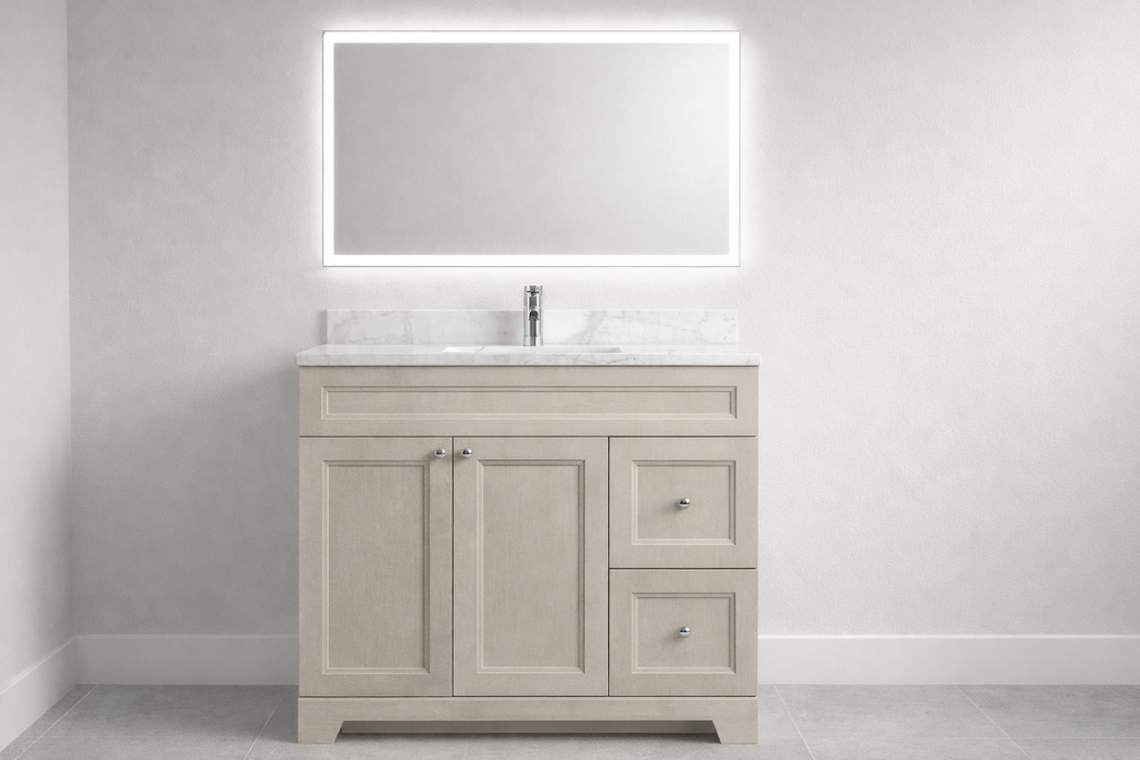 CLASSIC- 36" Solid wood Bathroom Vanity (6 COLORS AVAILABLE) With Quartz Countertop /  Right Side Drawers - Construction Commodities Supply Inc.