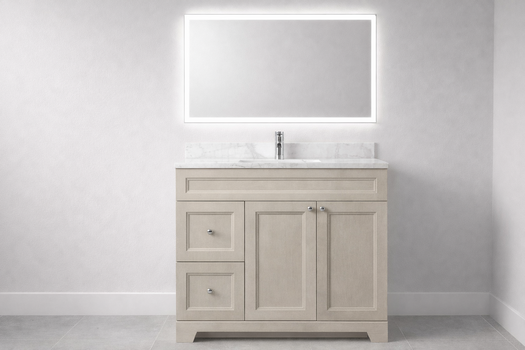 CLASSIC- 36" Solid wood Bathroom Vanity (6 COLORS AVAILABLE) With Quartz Countertop / Left Side Drawers - Construction Commodities Supply Inc.