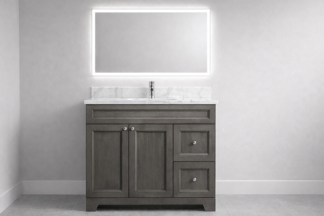CLASSIC- 36" Solid wood Bathroom Vanity (6 COLORS AVAILABLE) With Quartz Countertop /  Right Side Drawers - Construction Commodities Supply Inc.