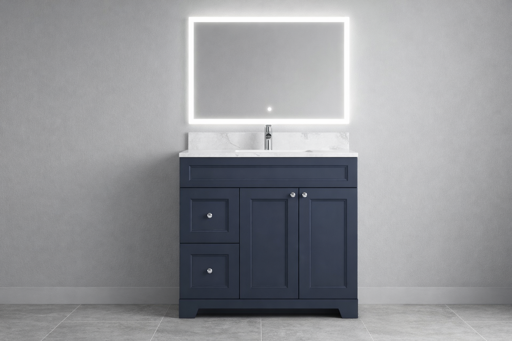 CLASSIC- 36" Solid wood Bathroom Vanity (6 COLORS AVAILABLE) With Quartz Countertop / Left Side Drawers - Construction Commodities Supply Inc.