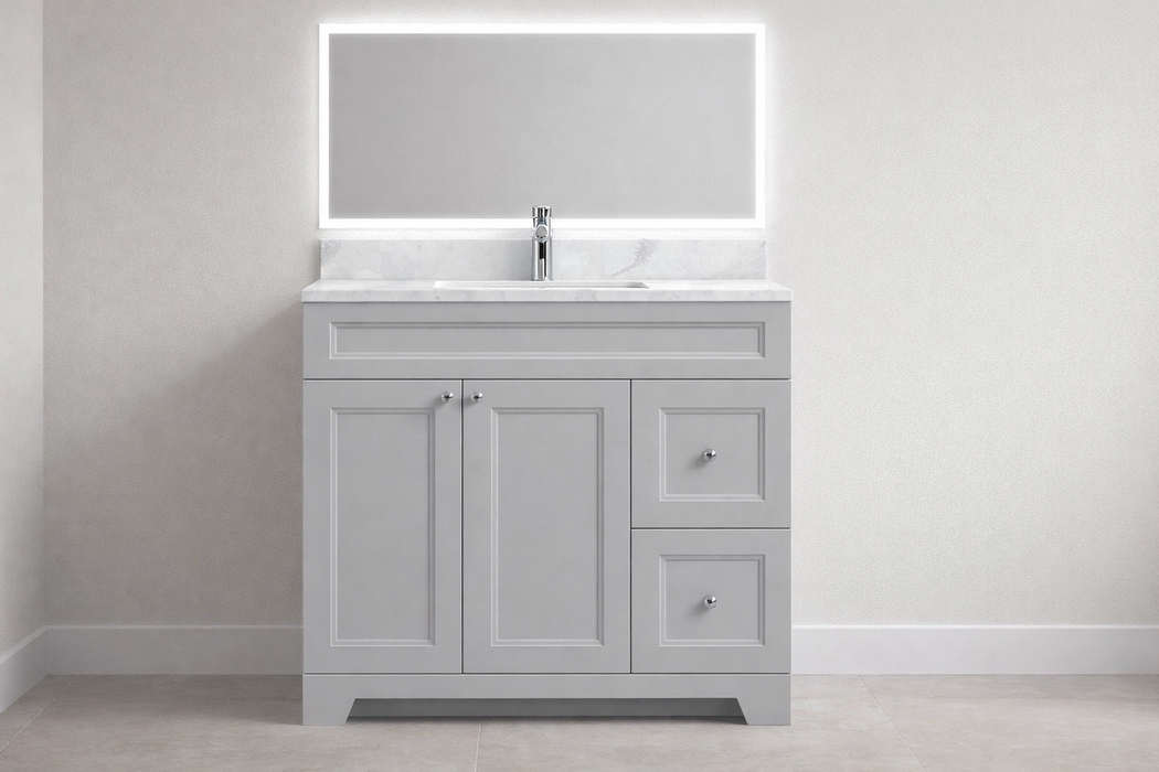CLASSIC- 36" Solid wood Bathroom Vanity (6 COLORS AVAILABLE) With Quartz Countertop /  Right Side Drawers - Construction Commodities Supply Inc.