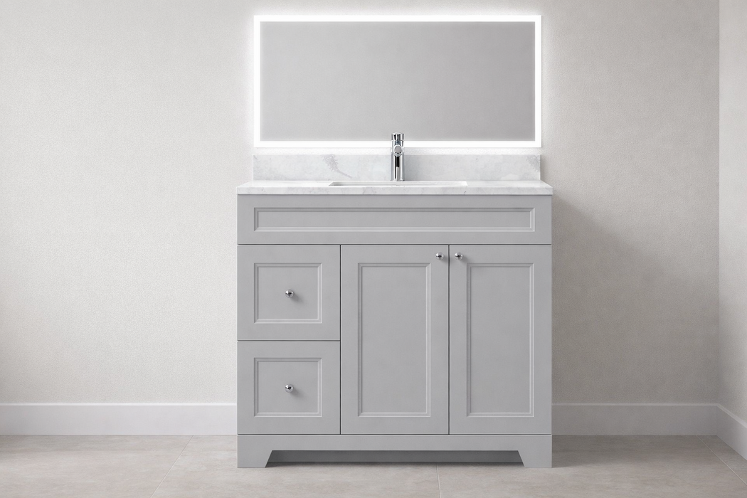CLASSIC- 36" Solid wood Bathroom Vanity (6 COLORS AVAILABLE) With Quartz Countertop / Left Side Drawers - Construction Commodities Supply Inc.