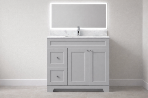 CLASSIC- 36" Solid wood Bathroom Vanity (6 COLORS AVAILABLE) With Quartz Countertop / Left Side Drawers - Construction Commodities Supply Inc.
