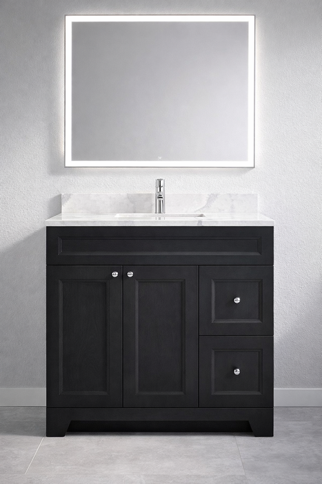 CLASSIC- 36" Solid wood Bathroom Vanity (6 COLORS AVAILABLE) With Quartz Countertop /  Right Side Drawers - Construction Commodities Supply Inc.