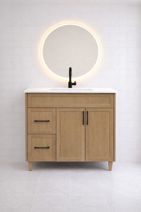 Classic- 36" Canadian Made Natural Oak Bathroom Vanity With Quartz Countertop/LEFT SIDE DRAWERS - Construction Commodities Supply Inc.