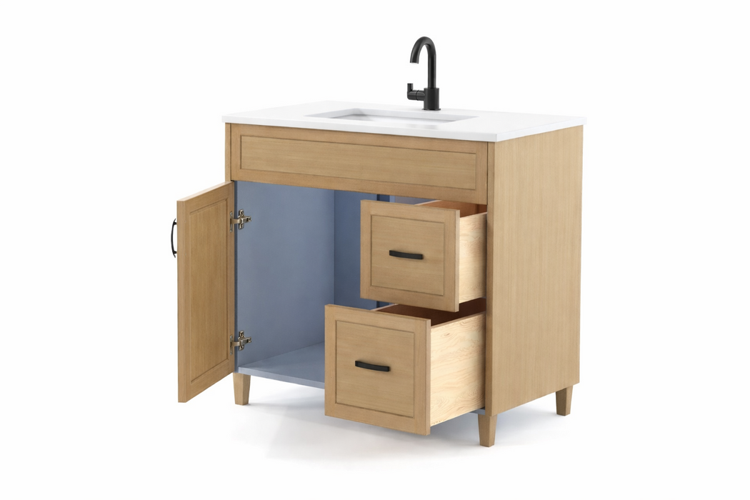 Classic- 36" Canadian Made Natural Oak Bathroom Vanity With Quartz Countertop/ RIGHT SIDE DRAWERS - Construction Commodities Supply Inc.