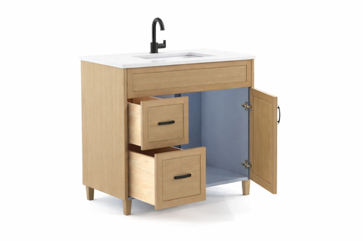 Classic- 36" Canadian Made Natural Oak Bathroom Vanity With Quartz Countertop/LEFT SIDE DRAWERS - Construction Commodities Supply Inc.