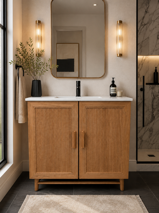 SUNFLOWER 36 Inch Solid Wood Floor Standing Bathroom Vanity with Quartz Countertop, Light Walnut