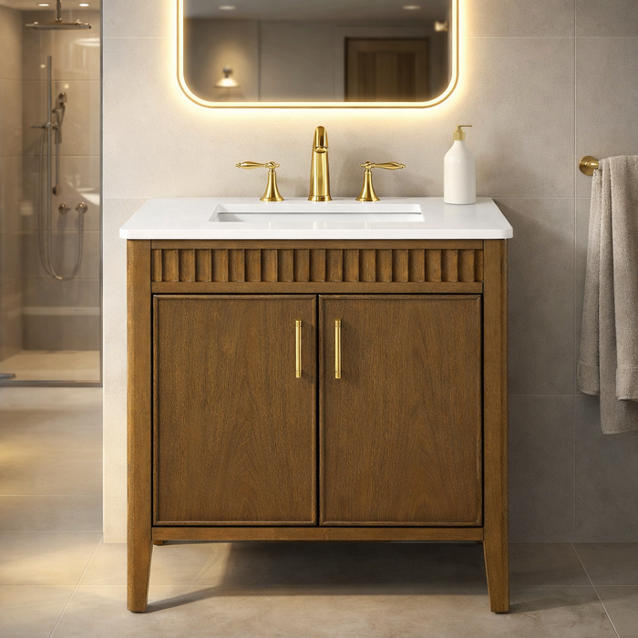 SIERRA - 30" Antique Walnut , Solid Wood Floor Standing Modern Bathroom Vanity,White Quartz Countertop ( PRE-ORDER NOW, ETA: 2026-04-20 ) - Construction Commodities Supply Inc.