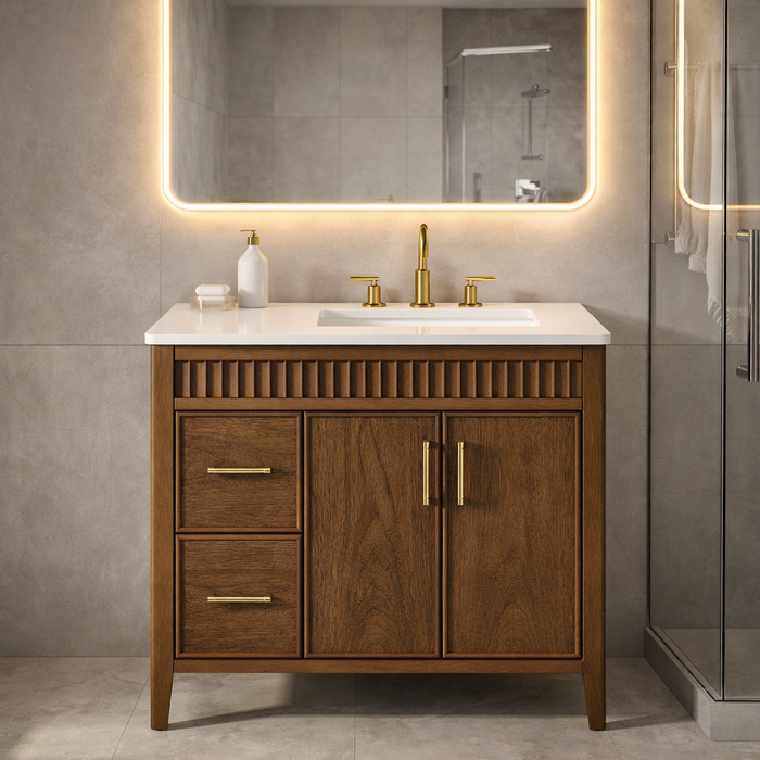 SIERRA - 36" Antique Walnut , Solid Wood Floor Standing Modern Bathroom Vanity,White Quartz Countertop ( PRE-ORDER NOW, ETA: 2026-04-20 ) - Construction Commodities Supply Inc.