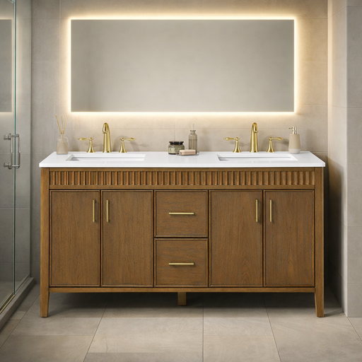 SIERRA - 60" Double sink Antique Walnut , Solid Wood Floor Standing Modern Bathroom Vanity,White Quartz Countertop ( PRE-ORDER NOW, ETA: 2026-04-20 ) - Construction Commodities Supply Inc.