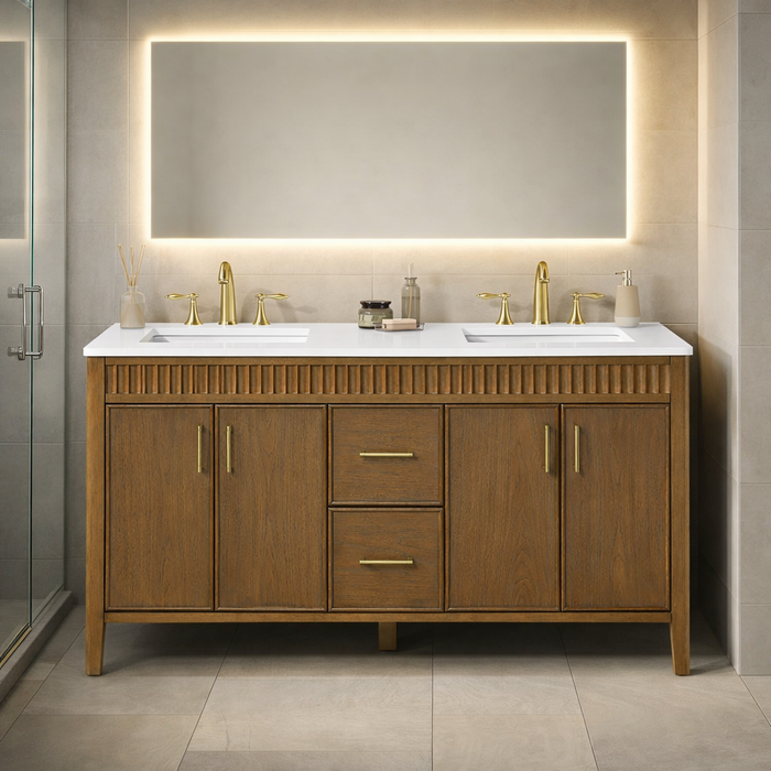 SIERRA - 60" Double sink Antique Walnut , Solid Wood Floor Standing Modern Bathroom Vanity,White Quartz Countertop ( PRE-ORDER NOW, ETA: 2026-04-20 ) - Construction Commodities Supply Inc.