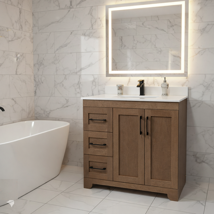 CANADIAN MAPLE - 42" Left side drawers, Tuscan Calo Stain Bathroom Vanity With Quartz Countertop - Construction Commodities Supply Inc.