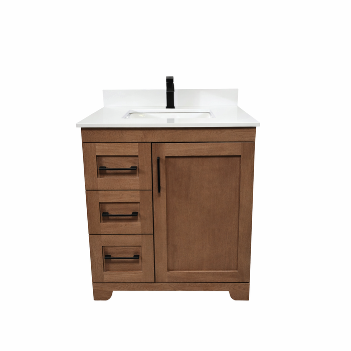 CANADIAN MAPLE - 30"  Left Side Drawers, Tuscan Calo Stain Floor Standing Bathroom Vanity With Quartz Countertop - Construction Commodities Supply Inc.
