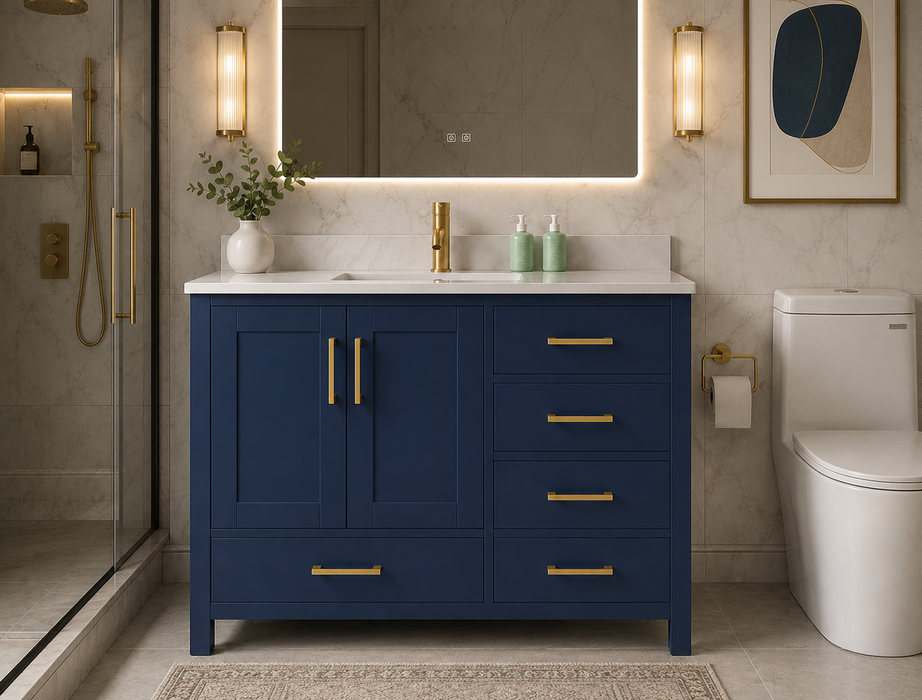 Rose - 42" Navy Blue, Right side drawers, Left side sin,Solid Wood Floor Standing Bathroom Vanity , White Quartz Countertop - Construction Commodities Supply Inc.