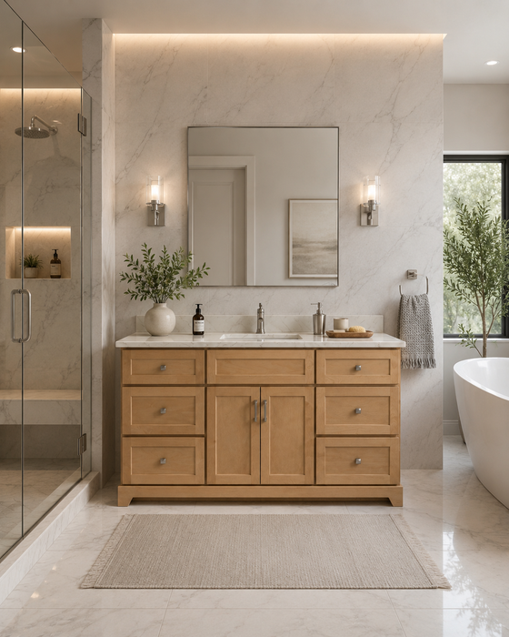 StoneWood - 54"  Natural Oak Canadian Made solid Wood Bathroom Vanity With Quartz Countertop