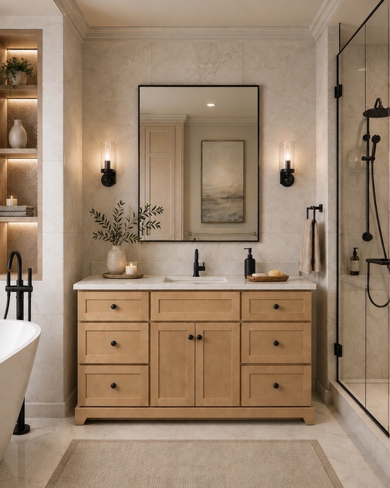 StoneWood - 48"  Natural Oak Canadian Made Solid Wood Bathroom Vanity With Quartz Countertop