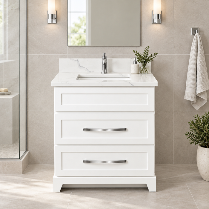Stonewood - 30" White ,Dresser Style Solid Wood Canadian Made Bathroom Vanity With Glacier Quartz Countertop