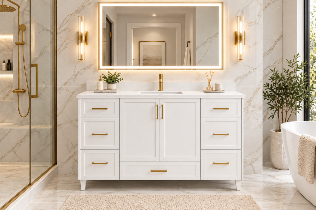 CLASSIC 48 Inch Bathroom Vanity, Canadian Made White painted with Quartz Countertop, 7 Drawers
