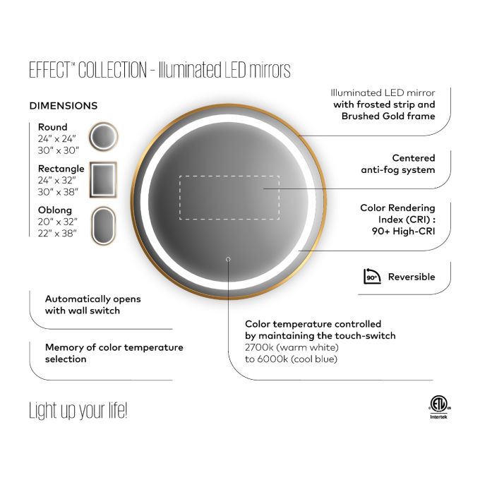EFFECT LED-ILLUMINATED BATHROOM MIRROR - 24” X 32” - BRUSHED GOLD