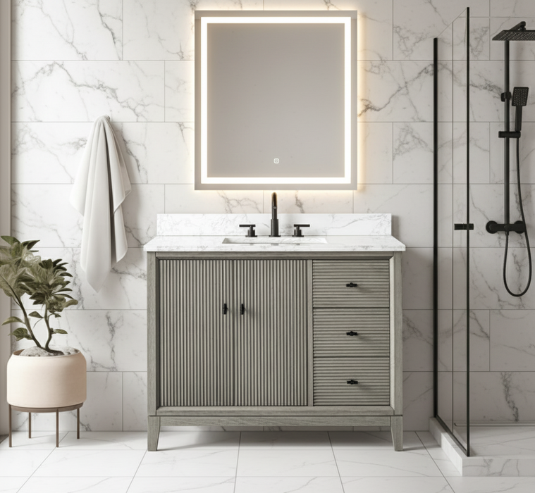V-ART , 42" x 22" Drift Wood Grey Freestanding Bathroom Vanity with Marble Top