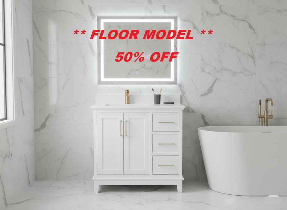 PALERMO - 42" White, Solid Wood Floor Standing Modern Bathroom Vanity, White Quartz Countertop *** FLOOR MODEL ***