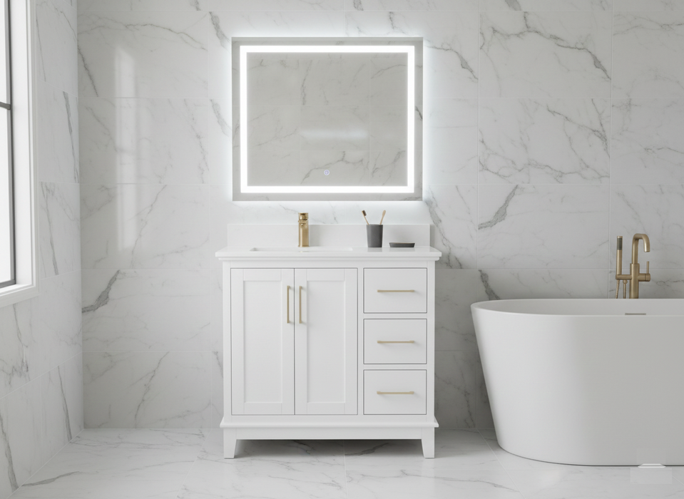PALERMO - 42" White, Solid Wood Floor Standing Modern Bathroom Vanity, White Quartz Countertop