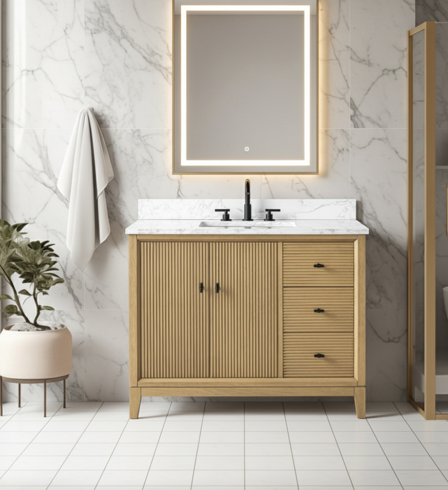 V-ART , 42" x 22" Natural Oak Freestanding Bathroom Vanity with Marble Top