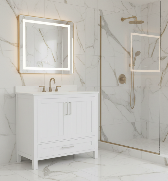 Kingston - 36"  x 19" WHITE Bathroom Vanity with Engineered stone top