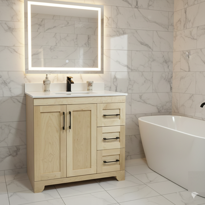 CANADIAN MAPLE - 36" , Natural Stain Bathroom Vanity With Quartz Countertop.