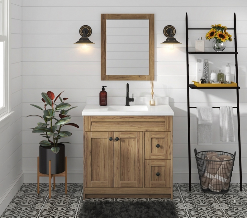 Daisy - 36" Vintage Oak Bathroom Vanity with Quartz top , Right Side drawers