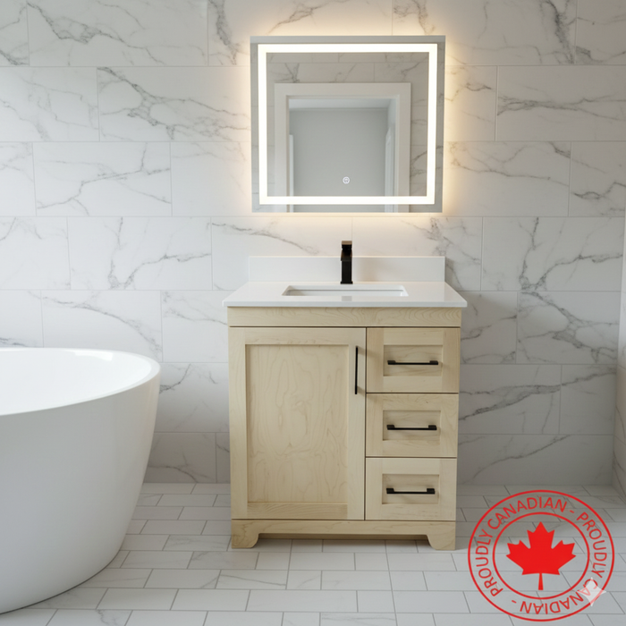 CANADIAN MAPLE - 30"  Natural Stain Floor Standing Bathroom Vanity With Quartz Countertop