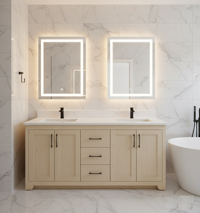 CANADIAN MAPLE - 60" Double Sink , Natural Stain Bathroom Vanity With Quartz Countertop.