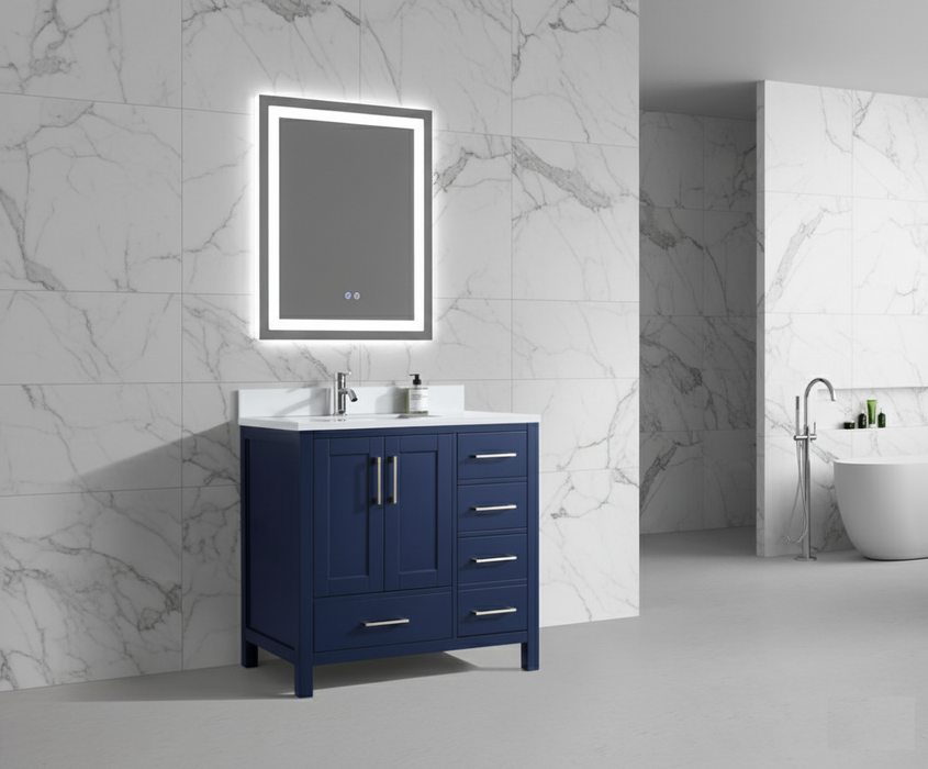 Rose - 42" Navy Blue, Right side drawers, Left side sin,Solid Wood Floor Standing Bathroom Vanity , White Quartz Countertop - Construction Commodities Supply Inc.