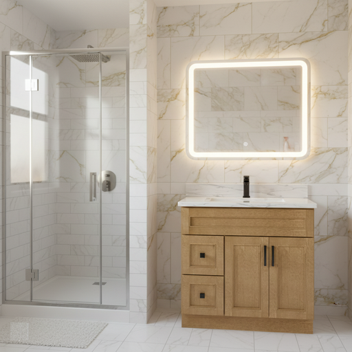 Nova- 36" DARK BROWN,SOLID WOOD Bathroom Vanity (Left Side Drawers) With White Quartz Countertop - Construction Commodities Supply Inc.