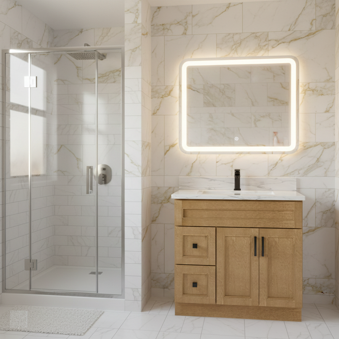 Nova- 36" DARK BROWN,SOLID WOOD Bathroom Vanity (Left Side Drawers) With White Quartz Countertop - Construction Commodities Supply Inc.