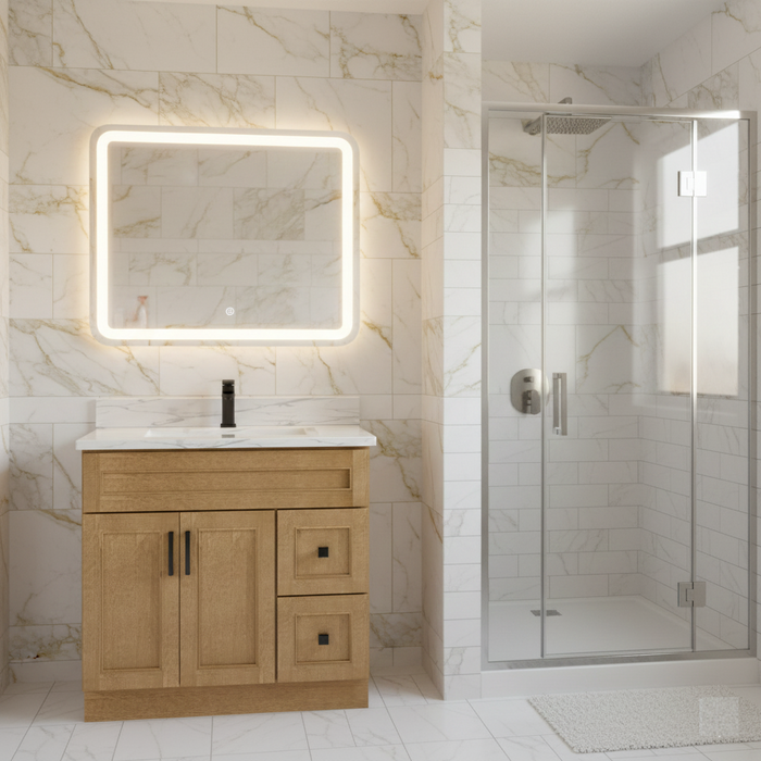 Nova- 36" DARK BROWN,SOLID WOOD Bathroom Vanity (Right Side Drawers) With White Quartz Countertop