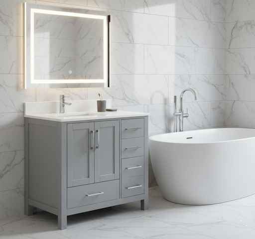 ROSE - 36" Grey, Left Side Sink, Solid Wood Floor Standing Modern Bathroom Vanity, White Quartz Countertop - Construction Commodities Supply Inc.