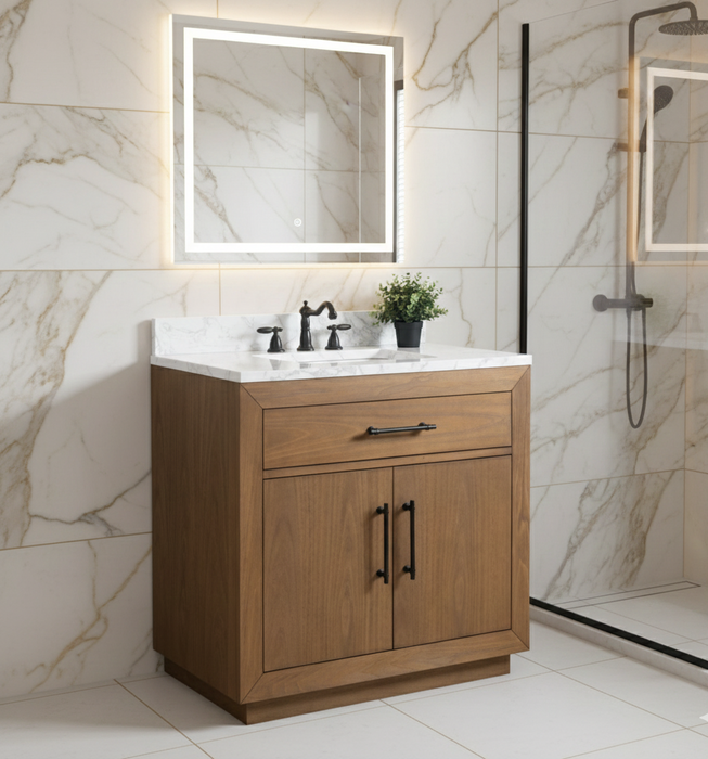 GLORIA- 36x22x34’’  Bathroom Vanity in Tan with Arabescato White Top