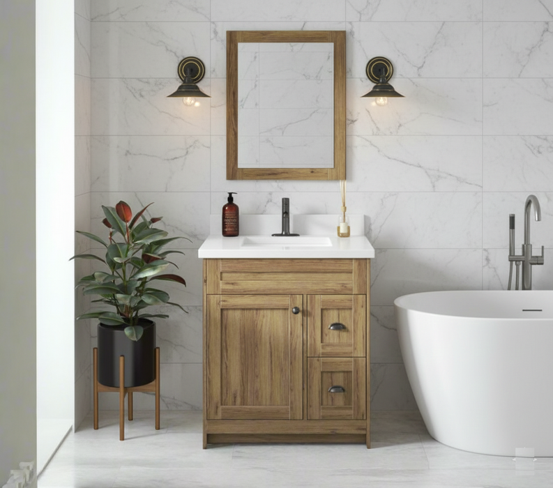 Daisy - 30" Vintage Oak Bathroom Vanity with Quartz top, Right side drawers