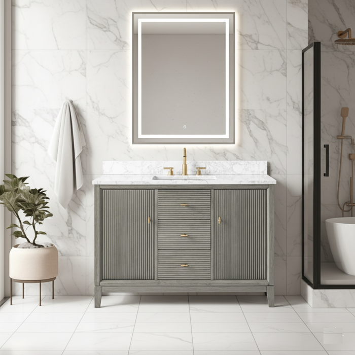 V-ART , 48" x 22" Drift Wood Grey Freestanding Bathroom Vanity with Marble Top