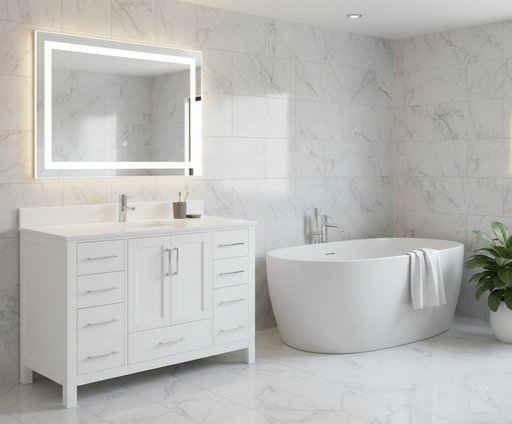 Rose - 48" White, Solid Wood Floor Standing Bathroom Vanity , Quartz Countertop - Construction Commodities Supply Inc.