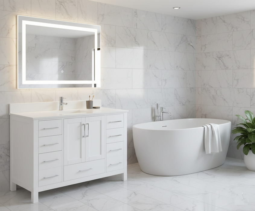 Rose - 48" White, Solid Wood Floor Standing Bathroom Vanity , Quartz Countertop - Construction Commodities Supply Inc.