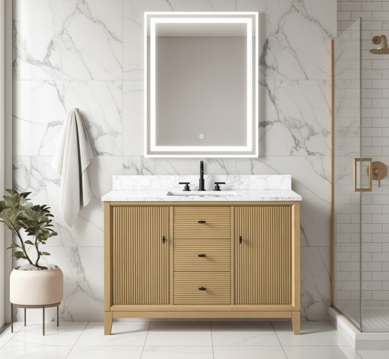 V-ART , 48" x 22" Natural Oak Freestanding Bathroom Vanity with Marble Top