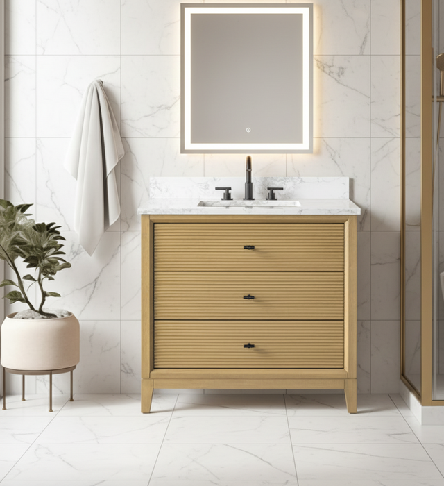 V-ART , 36" x 22" Natural Oak Freestanding Bathroom Vanity with Marble Top