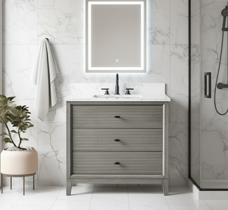 V-ART , 36" x 22" Drift Wood Grey Freestanding Bathroom Vanity with Marble Top